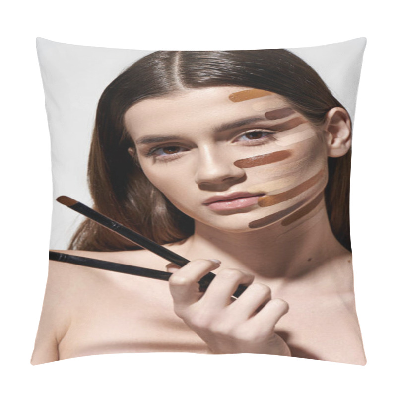 Personality  Sophisticated Woman With Various Makeup Brushes On Her Face, Creating A Creative And Artistic Look With Foundation. Pillow Covers