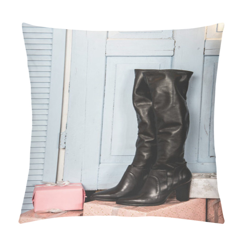 Personality  Black Female Boots, Isolated On Blue Background Pillow Covers