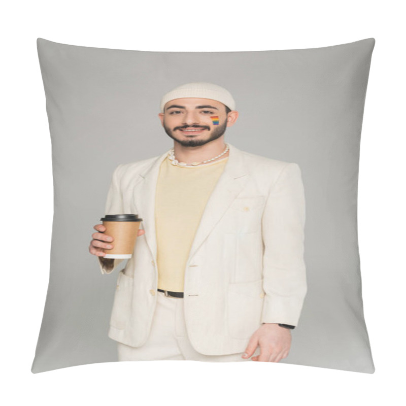 Personality  Fashionable Gay Man With Lgbt Flag On Cheek Holding Coffee To Go Isolated On Grey   Pillow Covers