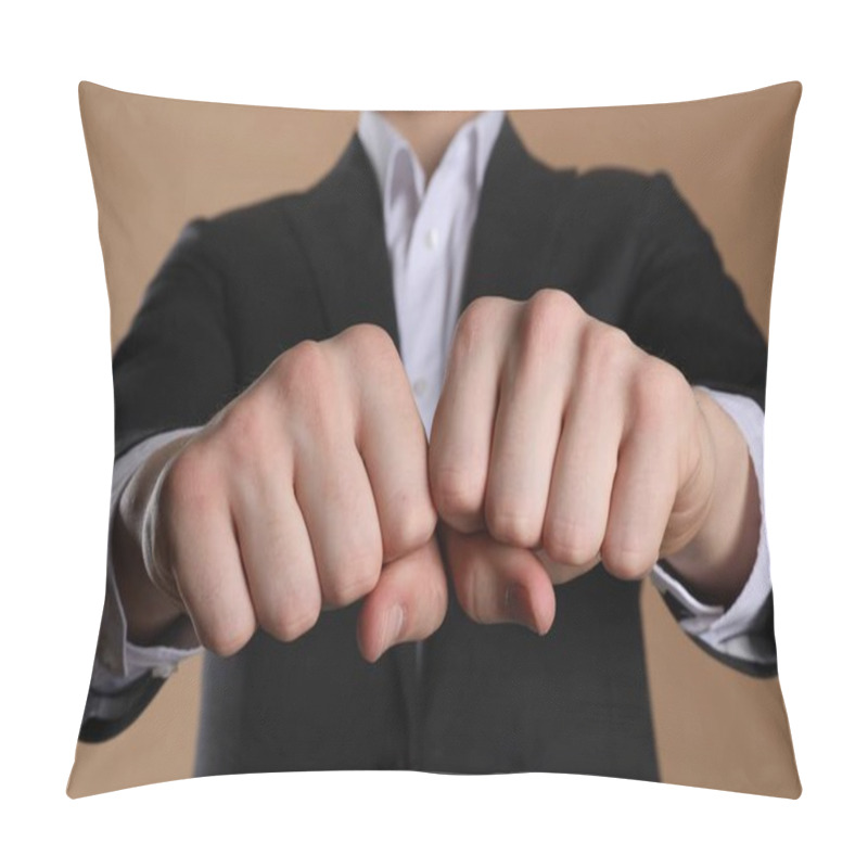 Personality  Businessman Showing Fists With Space For Tattoo On Beige Background, Selective Focus Pillow Covers