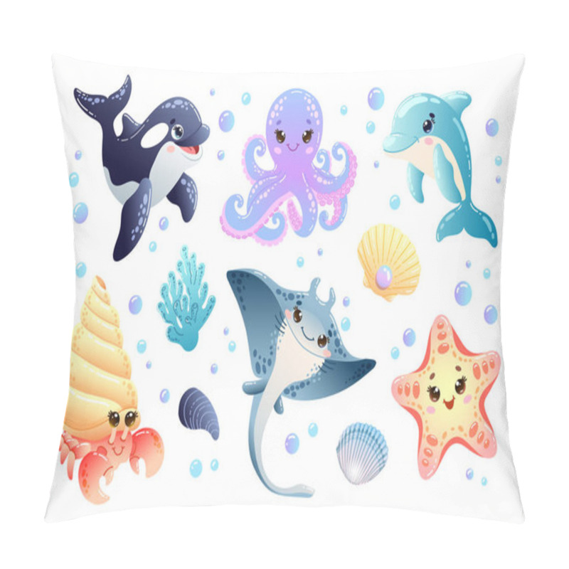 Personality  Vector Colourful Set Of Cute Sea Animals Such As Killer Whale, Octopus, Dolphin, Hermit Crayfish, Stingray, Starfish, And Also Shells And Corals In Cartoon Style  Pillow Covers