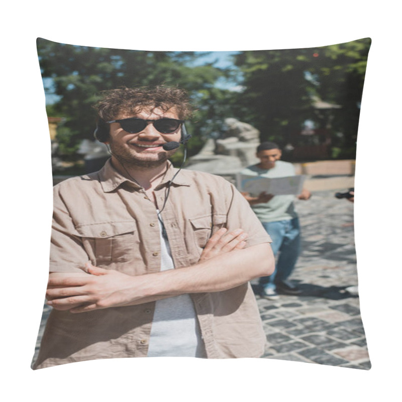 Personality  Young And Happy Tour Guide In Sunglasses And Headset Standing With Crossed Arms On Andrews Descent In Kyiv During Summer Day Pillow Covers