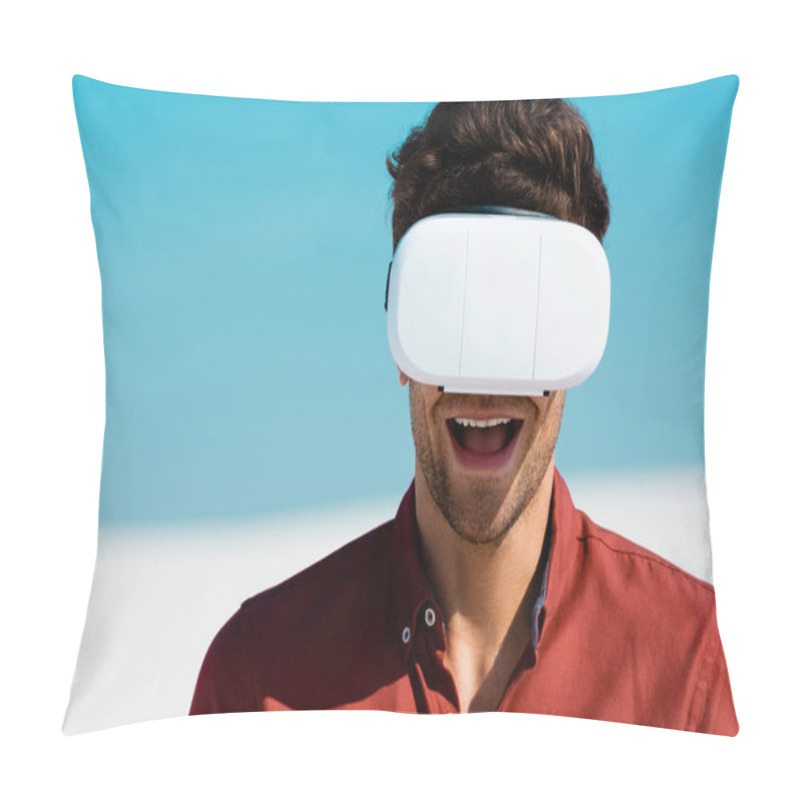 Personality  Excited Man On  Beach In Vr Headset Against Clear Blue Sky Pillow Covers