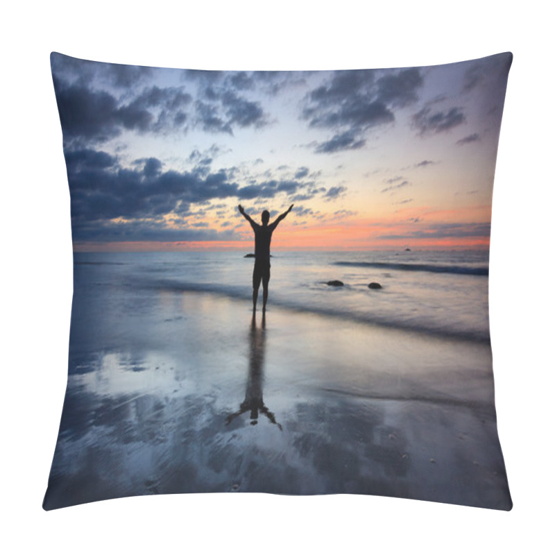 Personality  Silhouette Of A Man With Dramatic Sunset Reflection Pillow Covers