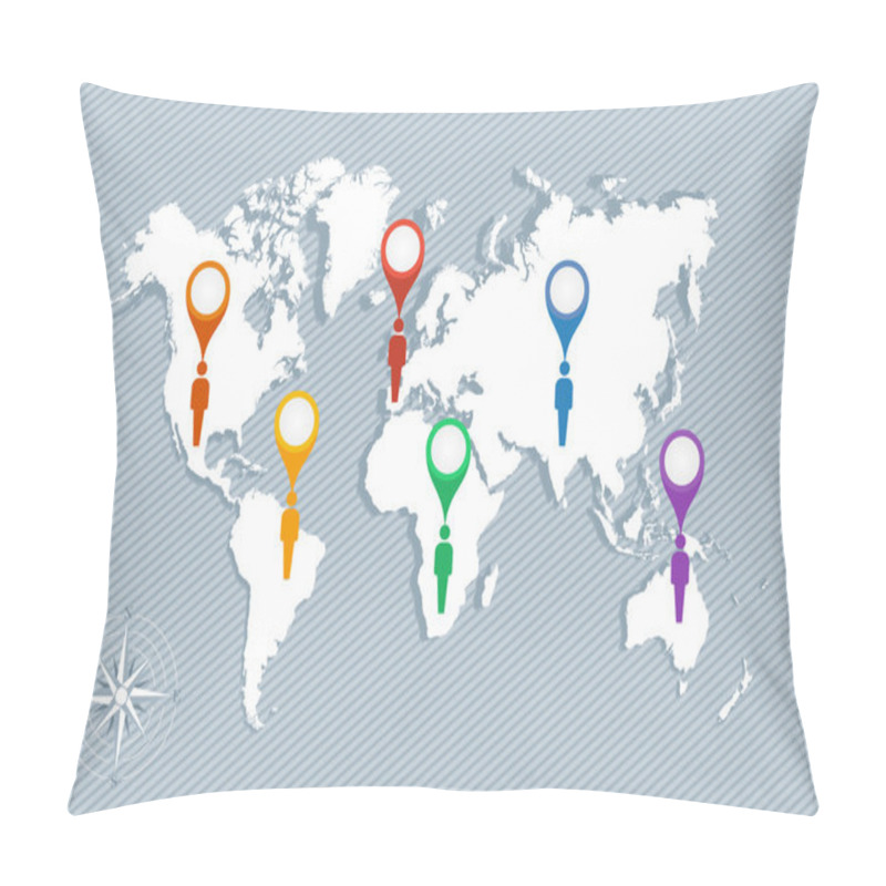 Personality  World Map, Geo Pointers And Men Figures EPS10 Vector File. Pillow Covers