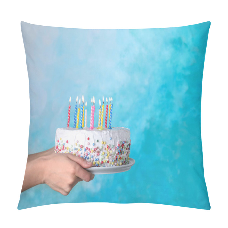 Personality  Woman Holding Birthday Cake With Burning Candles On Light Blue Background, Closeup. Space For Text Pillow Covers