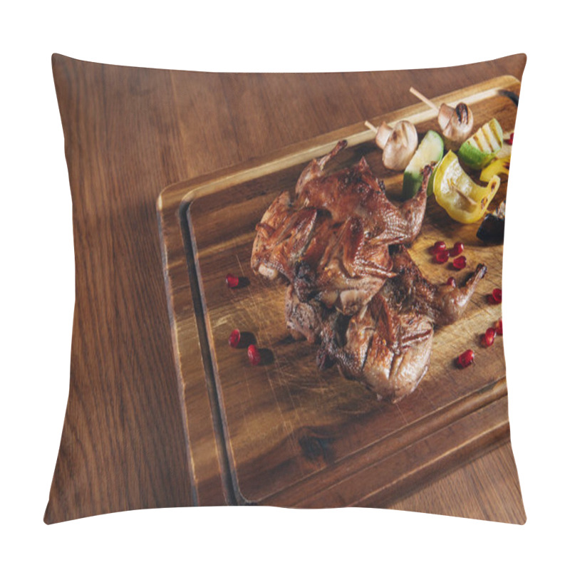 Personality  Close-up Shot Of Roasted Quail With Vegetables Served On Wooden Board Pillow Covers