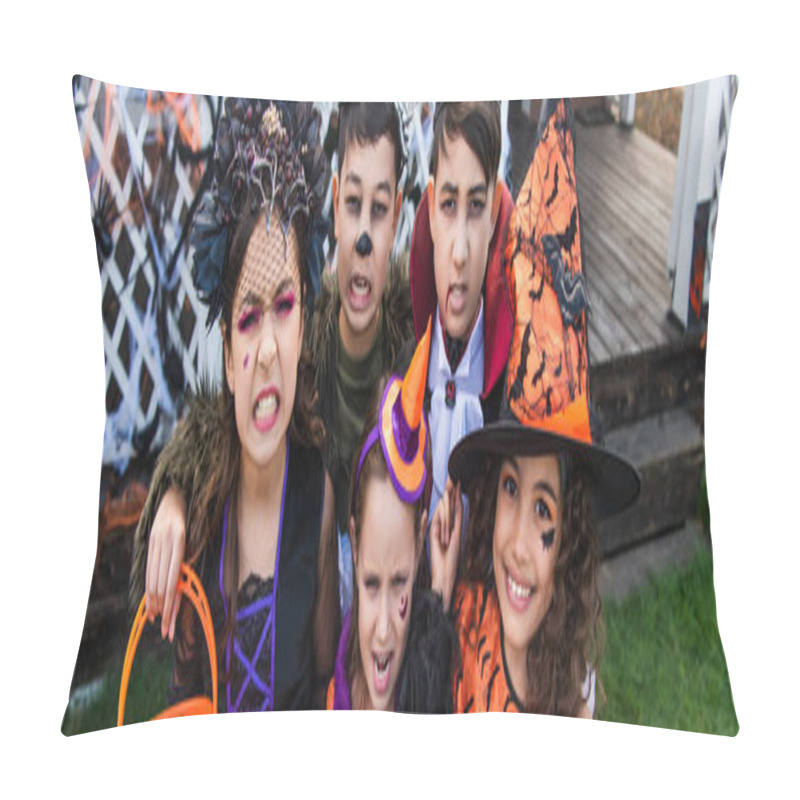 Personality  Interracial Preteen Friends In Halloween Costumes Grimacing At Camera Outdoors, Banner  Pillow Covers