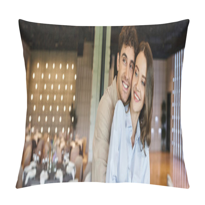 Personality  Happy Man Hugging Smiling Girlfriend In Decorated Banquet Hall, Wedding Preparation, Banner Pillow Covers