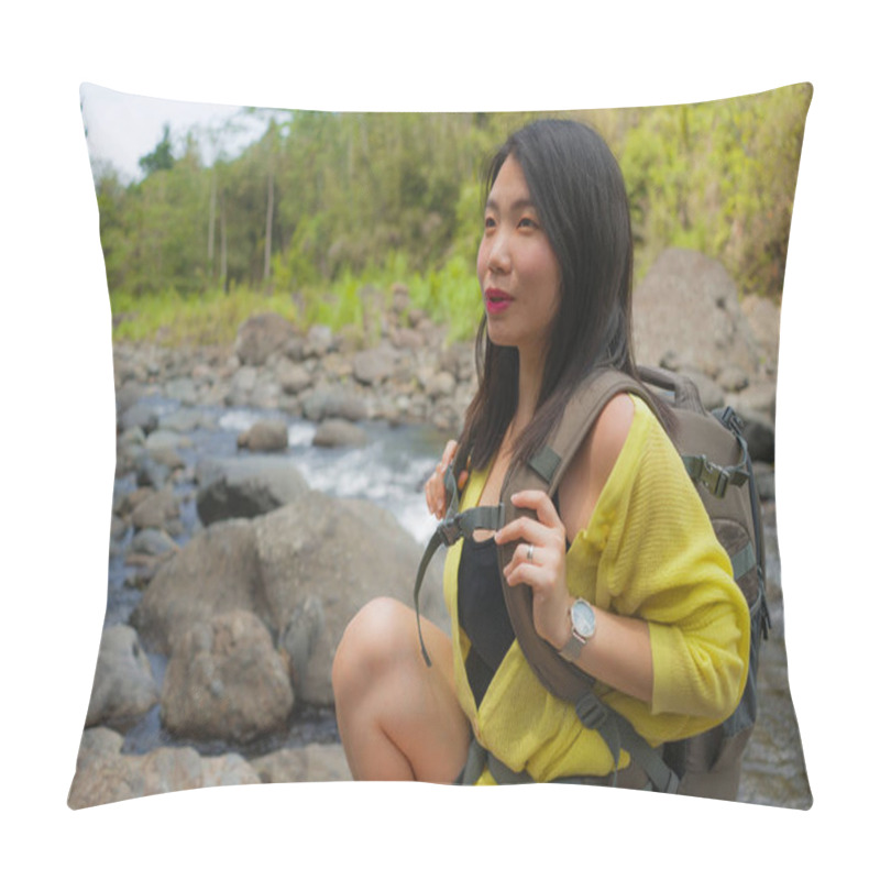 Personality  Young Beautiful And Happy Asian Chinese Woman Carrying Backpack Trekking On Mountains Crossing River Enjoying Holiday Nature And Fresh Environment Hiking Cheerful  Pillow Covers