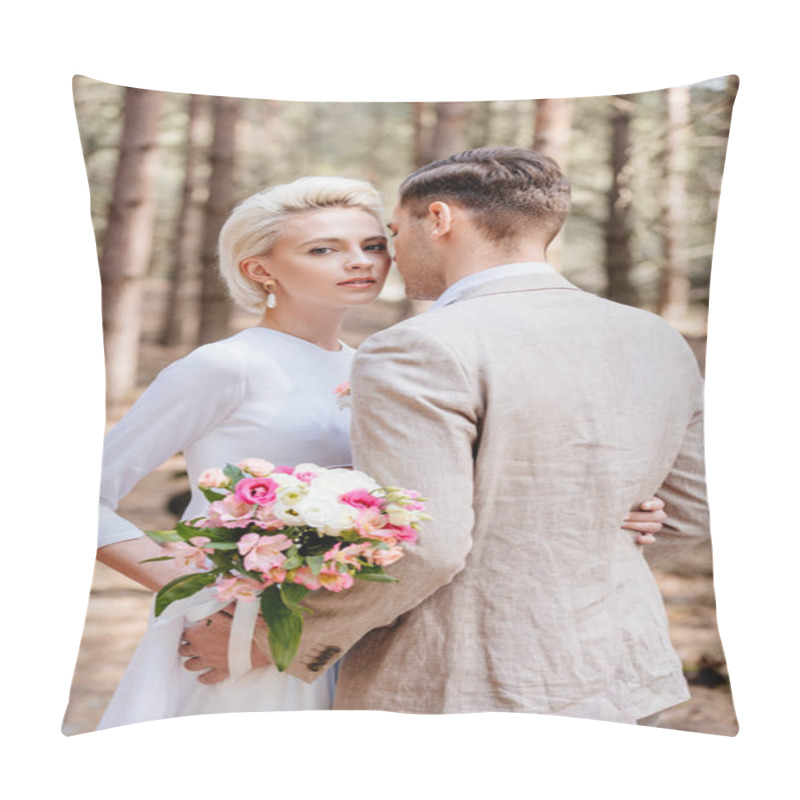 Personality  Just Married Couple In Formal Wear Embracing In Forest Pillow Covers