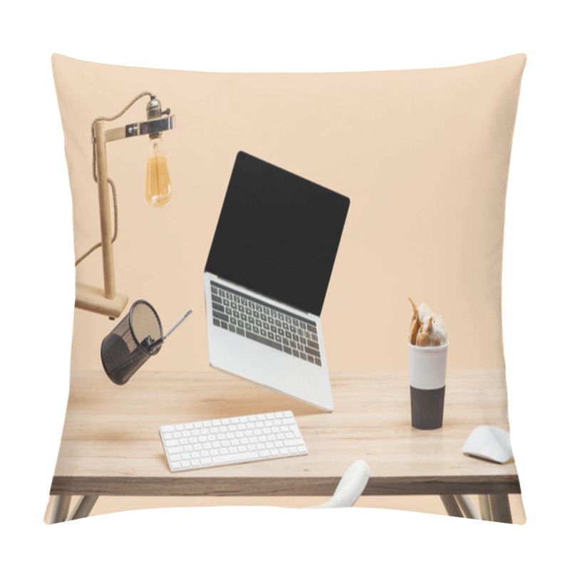 Personality  Laptop With Blank Screen, Lamp And Stationery Levitating In Air Above Wooden Desk With Thermomug With Coffee Splash Isolated On Beige Pillow Covers