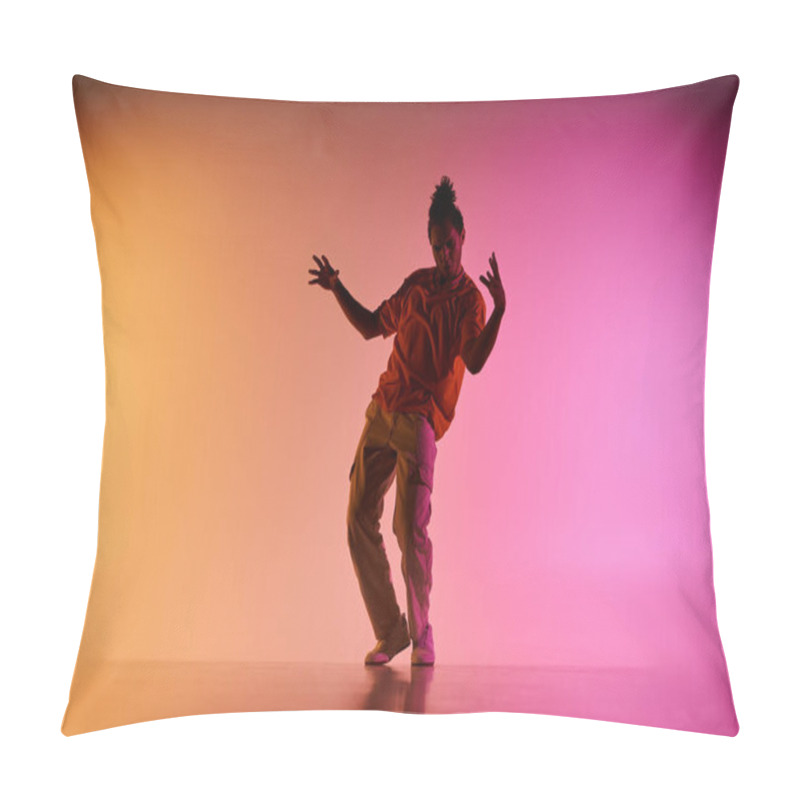 Personality  A Young African American Man Dances With Passion Against A Vibrant Gradient Background, His Movements Capturing The Energy Of The Moment. Pillow Covers