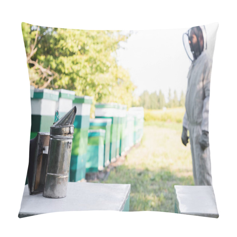 Personality  Bee Smoker On Beehive Near Beekeeper In Safety Suit On Apiary Pillow Covers