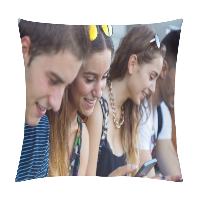 Personality  A Group Of Students Having Fun With Smartphones After Class. Pillow Covers