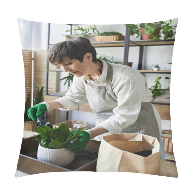 Personality  A Gardener Cares For Her Beloved Plants In A Sunlit Studio. Pillow Covers