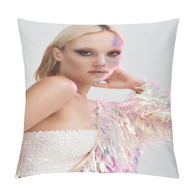 Personality  A Stunning Woman Poses Confidently In Fashionable Attire Adorned With Iridescent Details. Pillow Covers