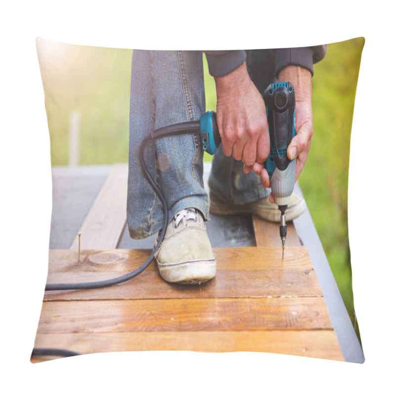 Personality  Handyman Installing Flooring In Patio Pillow Covers