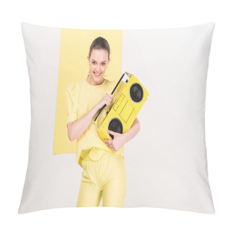 Personality  Stylish Smiling Girl Holding Retro Boombox, Looking At Camera And Posing With Limelight On Background Pillow Covers