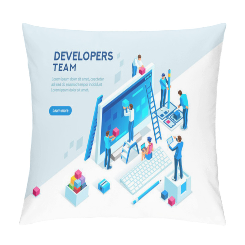 Personality  Engineer Team At Project Development, Template For Developer. Coding Develop, Programmer At Computer Or Workstation For Business. Concept With Character, Flat Isometric Vector Illustration Pillow Covers