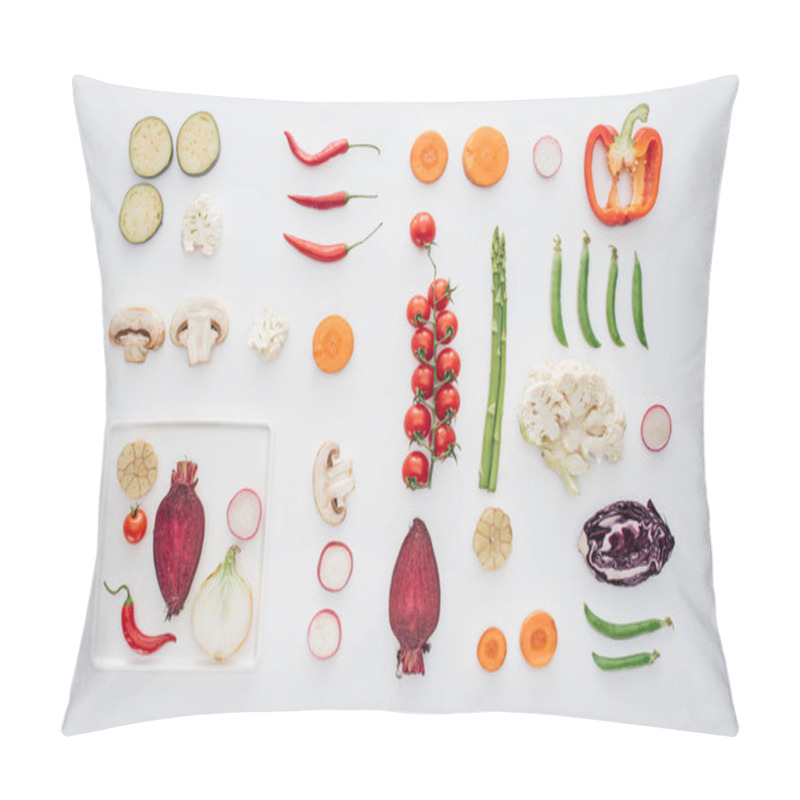 Personality  Top View Of White Plate And Fresh Sliced Organic Vegetables Isolated On White  Pillow Covers