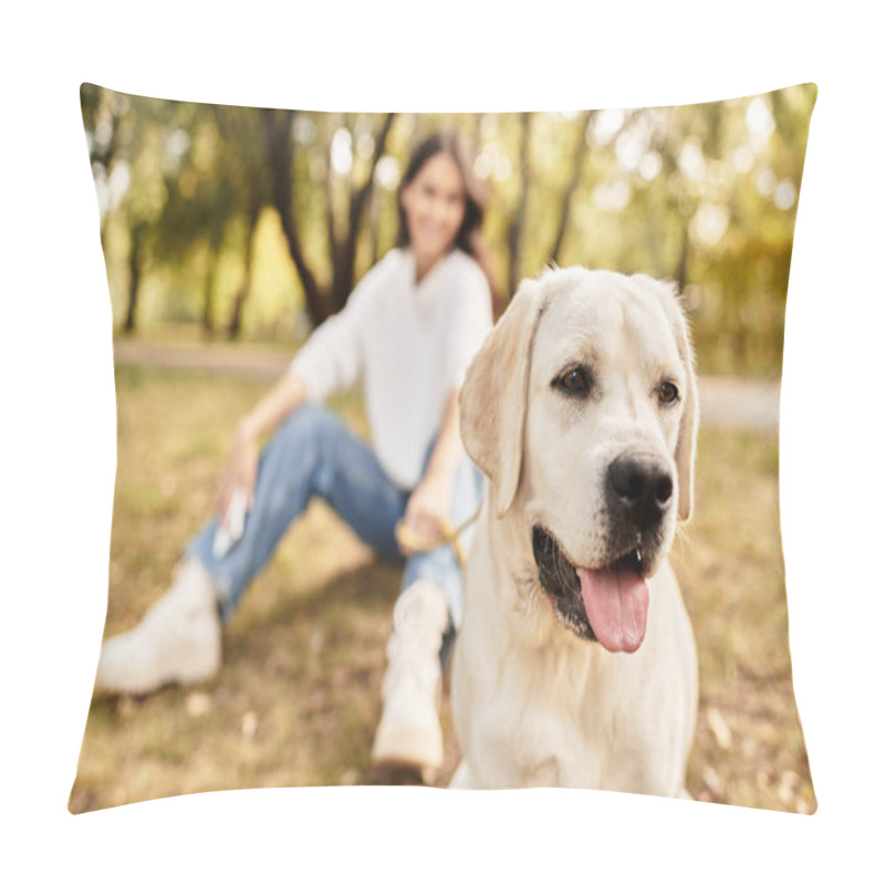 Personality  In A Vibrant Park, A Young Woman Dressed For Autumn Plays With Her Joyful Dog Amidst Fallen Leaves. Pillow Covers