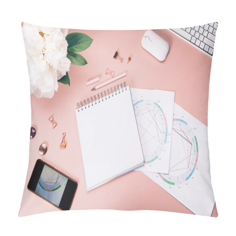 Personality  Open Notebook For Writing Ideas And Astrological Birth Natal Chart Laying On Pink Background. Computer Keyboard And Mouse Nearby. Idea Of Astrological Consultation. Flat Lay In Girly Style Pillow Covers