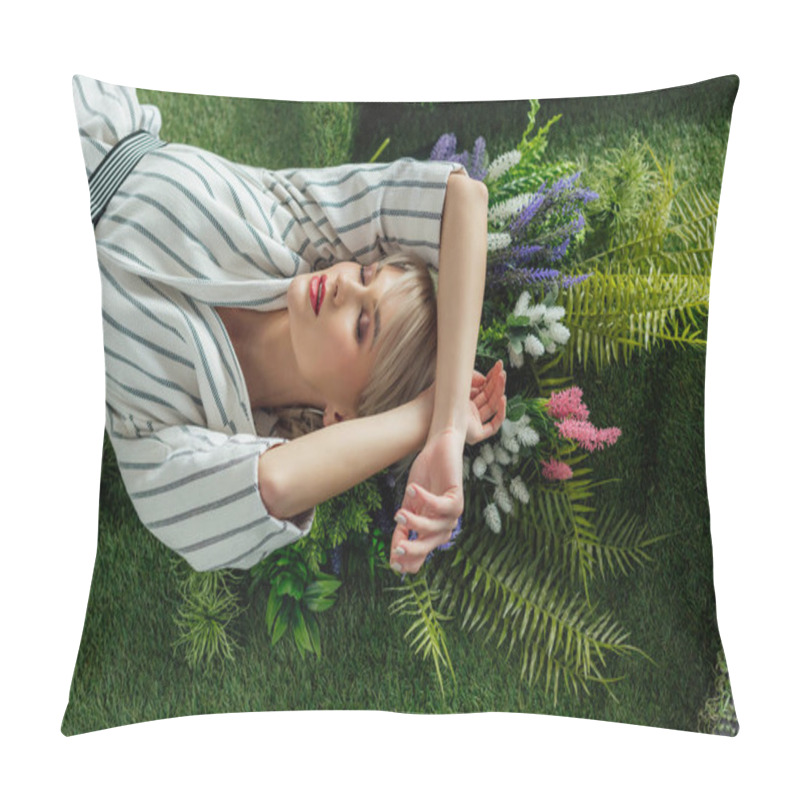 Personality  Attractive Stylish Girl With Eyes Closed Lying On Artificial Grass With Fern And Flowers Pillow Covers