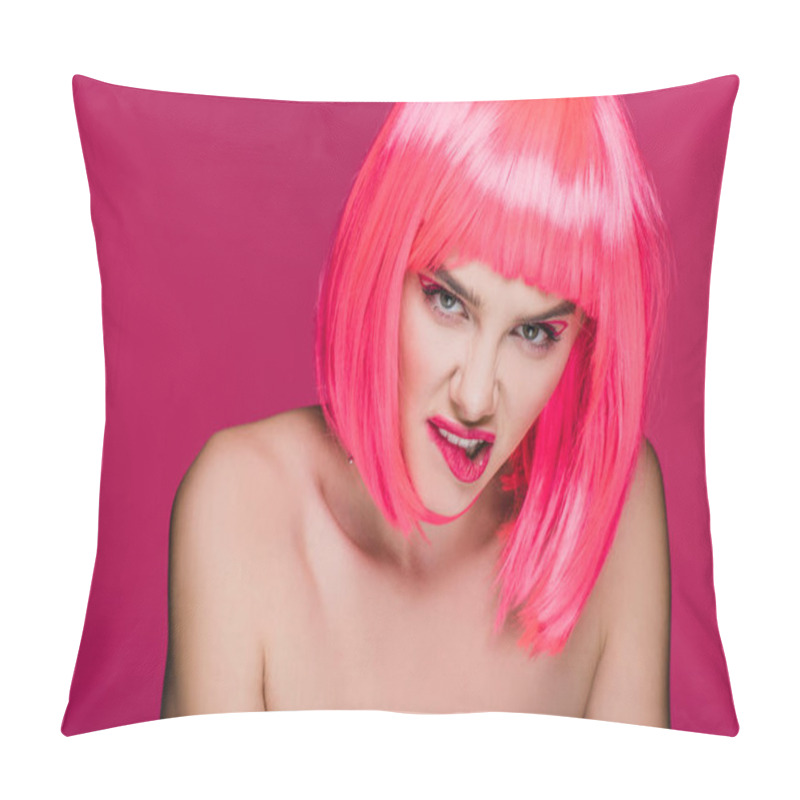 Personality  Naked Aggressive Girl In Neon Pink Wig Biting Lip, Isolated On Pink Pillow Covers