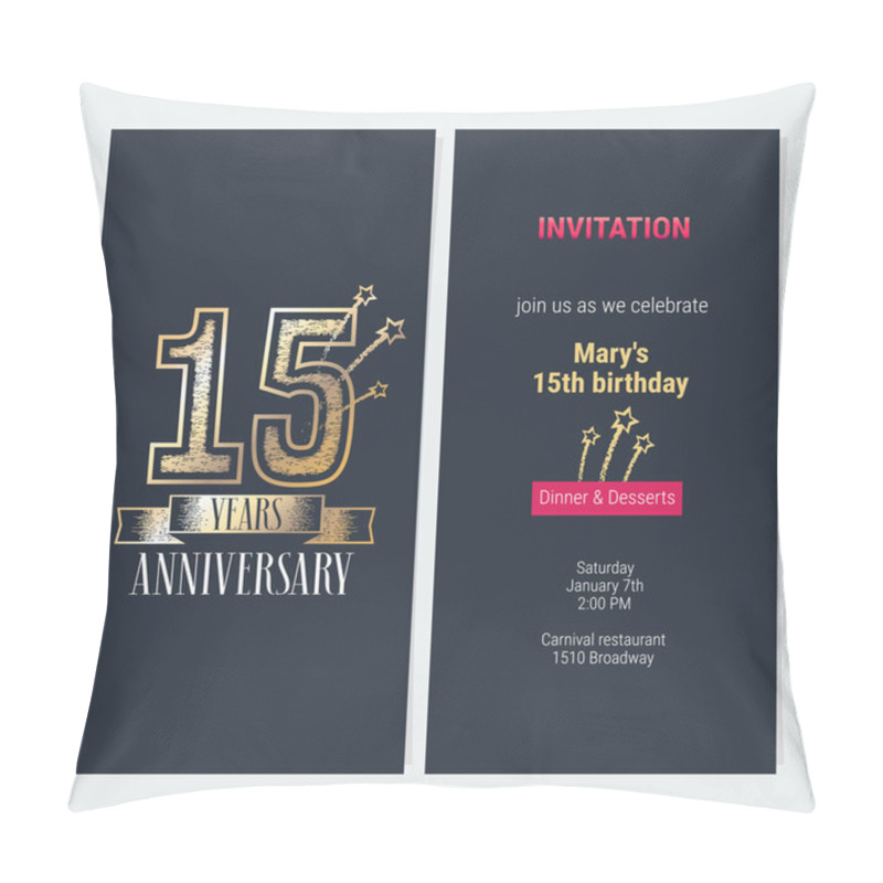 Personality  15 Years Anniversary Invitation To Celebration Event Vector Illustration. Design With Gold  Number And Bodycopy For 15th Birthday Card, Party Invite Pillow Covers