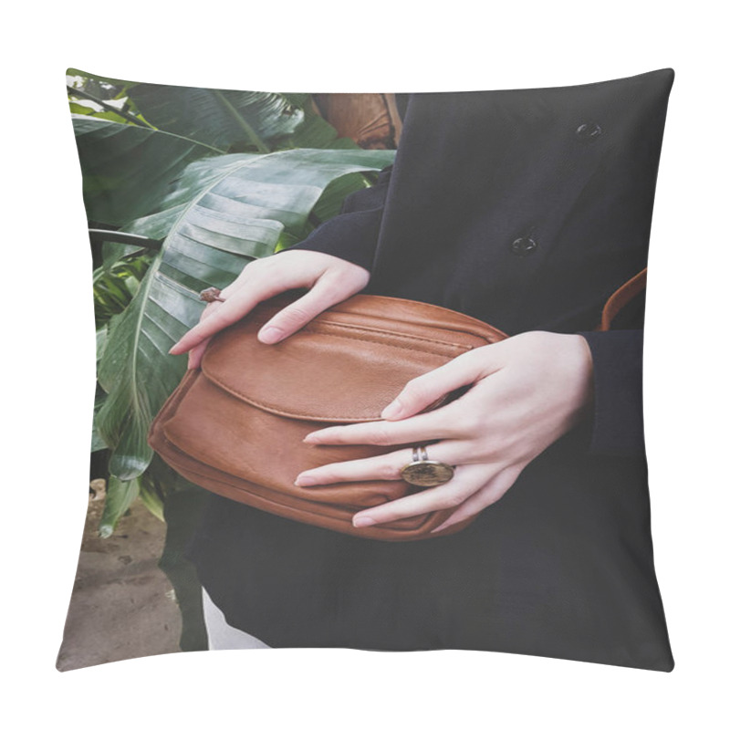 Personality  Female Hands With Handmade Rings And A Small Leather Bag On A Background Of Tropical Leaves, Blogger Style, Atmospheric, Selective Focus Pillow Covers