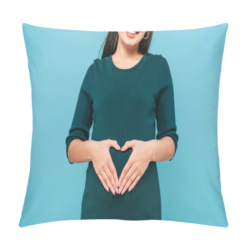 Personality  Cropped View Of Smiling Pregnant Girl Showing Heart Gesture On Belly Isolated On Blue Pillow Covers