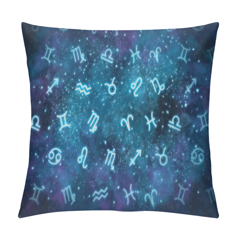 Personality  The Twelve Signs Of The Zodiac Are Randomly Placed Against The Background Of The Cosmos, The Universe. Astrology Background. Esotericism, Secrets Of The Universe. Pillow Covers