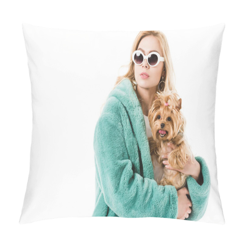 Personality  Blonde Woman Wearing Fur Coat Holding Cute Dog Isolated On White Pillow Covers