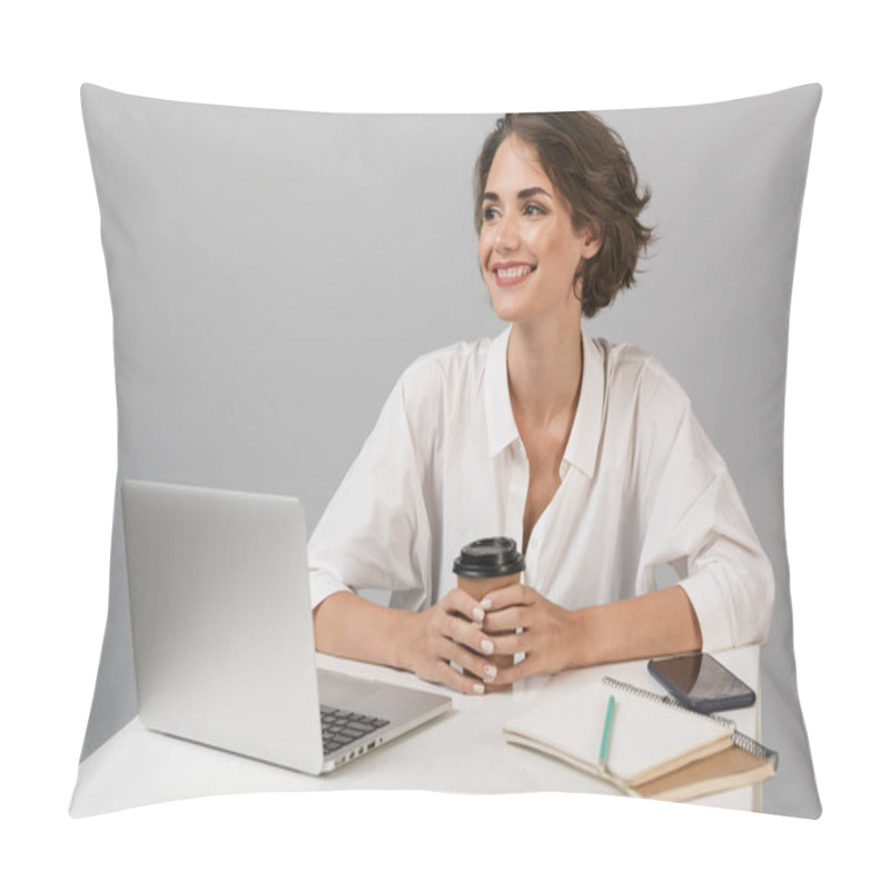 Personality  Image Of Young Happy Cheerful Business Woman Posing Isolated Over Grey Wall Background Sitting At The Table Using Laptop. Pillow Covers