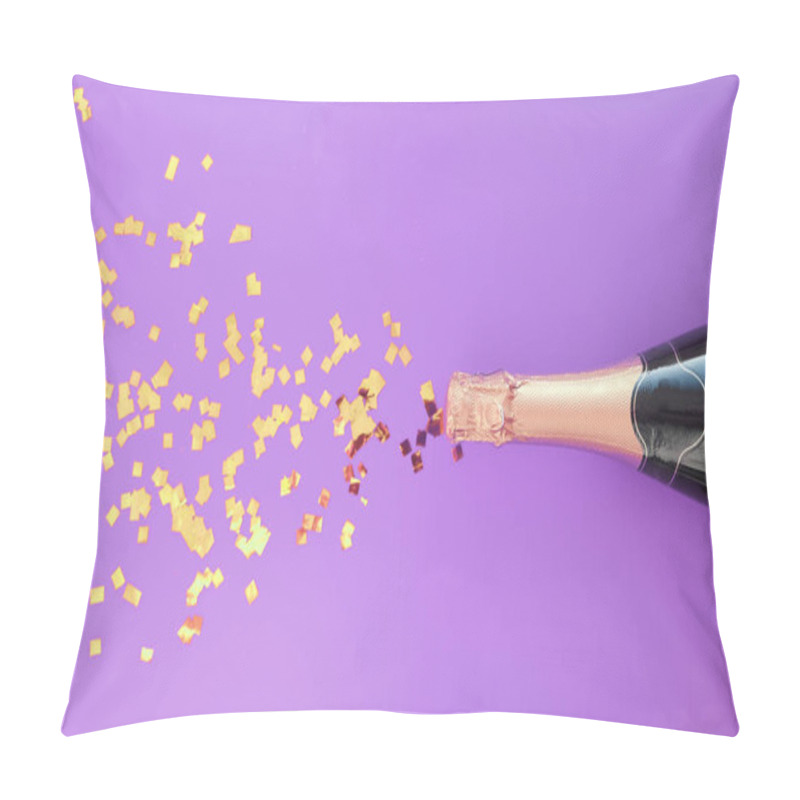 Personality  A Bottle Of Champagne With Confetti On A Fashionable Purple Background. Pillow Covers