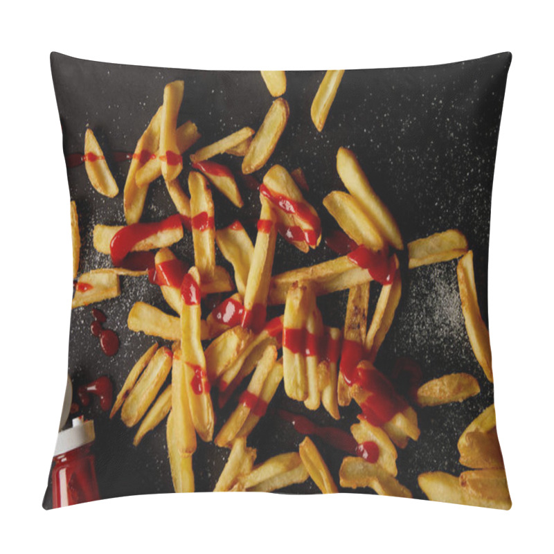 Personality  Top View Of Delicious French Fries Spilled With Salt And Poured With Ketchup On Black Pillow Covers