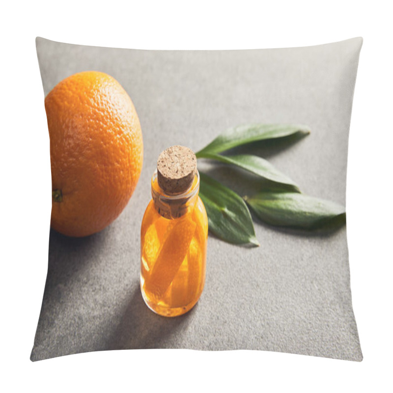 Personality  Whole Ripe Orange And Bottle With Essential Oil On Dark Surface Pillow Covers