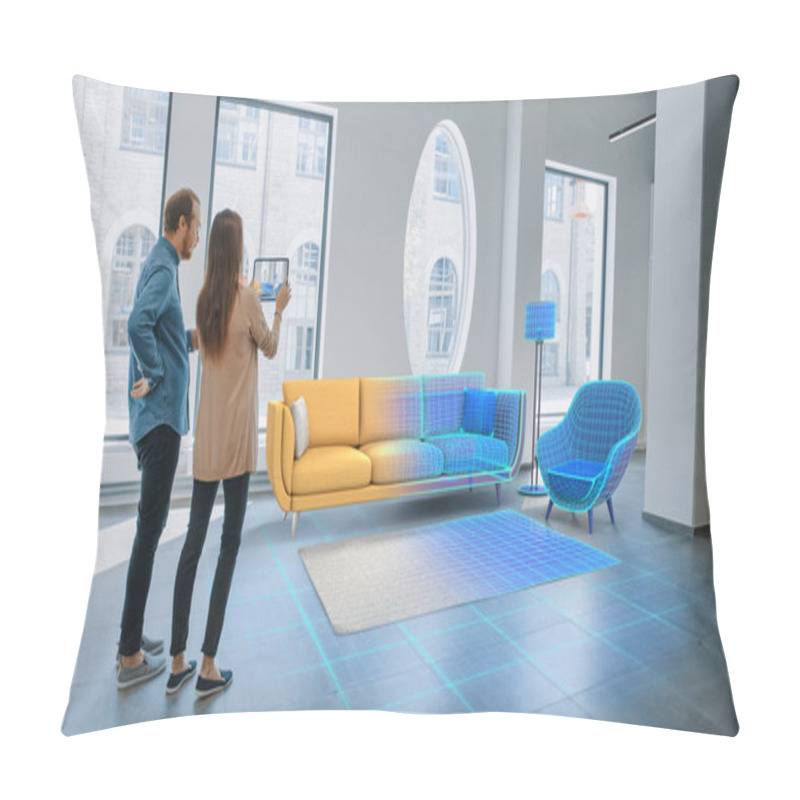 Personality  Decorating Apartment: Lovely Young Couple Use Digital Tablet With Augmented Reality Interior Design Software To Choose 3D Furniture For Their Home. People Pick Sofa, Table And Lighting For Living Room Pillow Covers