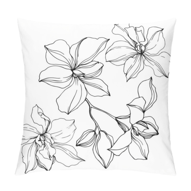 Personality  Vector Black Orchid Flowers Isolated On White. Engraved Ink Art.  Pillow Covers