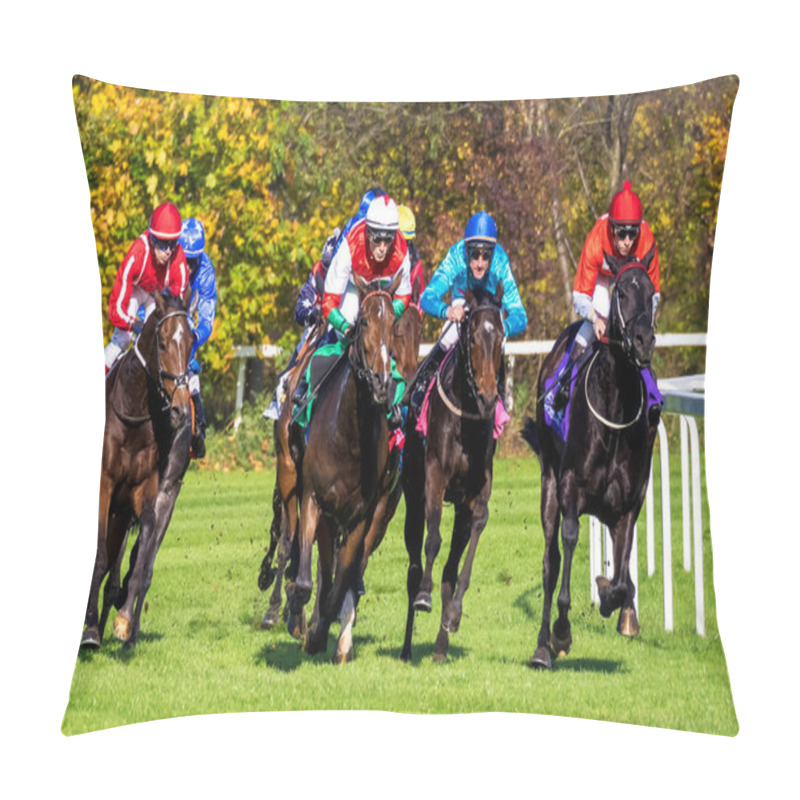 Personality  Munich, Germany - Oct 07, 2019: Horse Racing At The Racecourse In Munich-Riem, Germany, Europe Pillow Covers