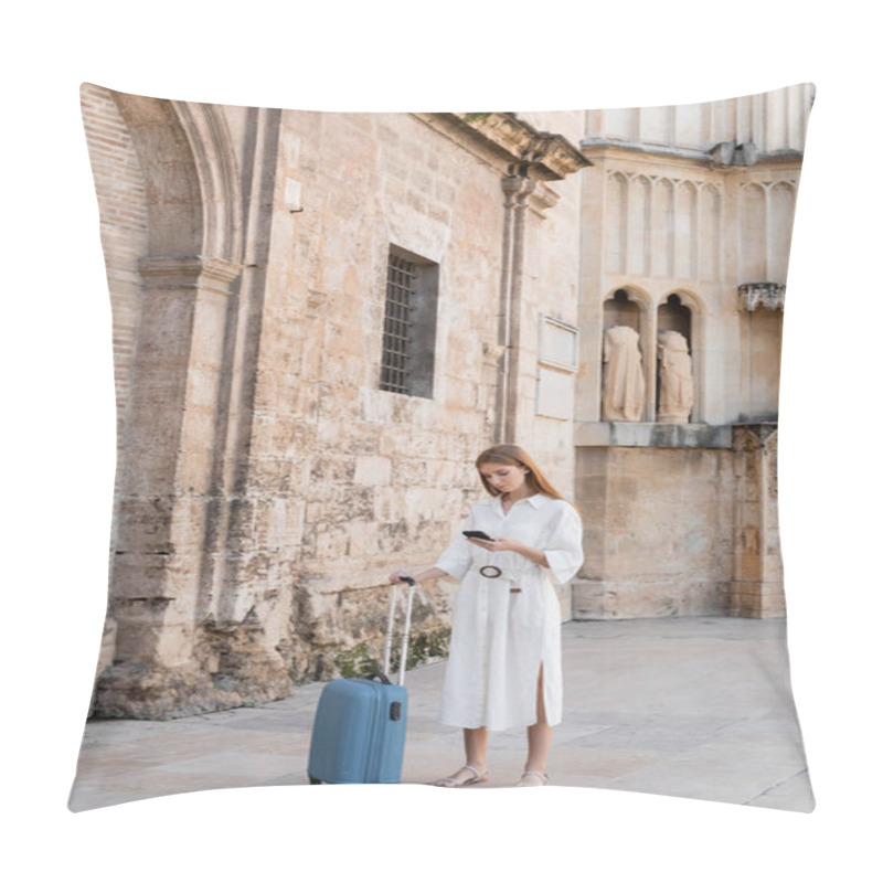 Personality  Full Length Of Redhead Woman Standing With Luggage And Using Smartphone While Searching Geolocation In Valencia  Pillow Covers