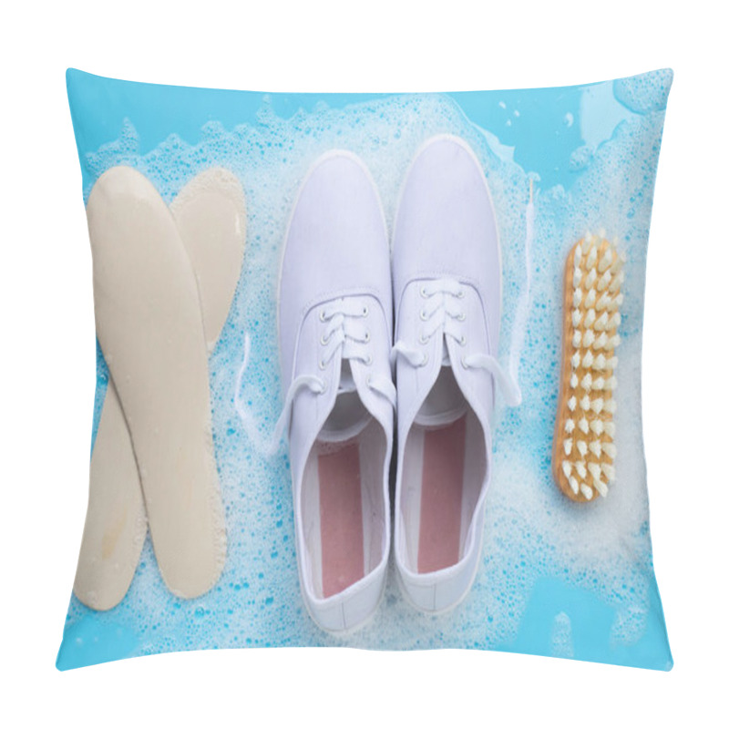 Personality  Sneakers With Foam Of Powder Detergent Water Dissolution And Wooden Brush On Blue Background. Washing Dirty Shoes. Pillow Covers