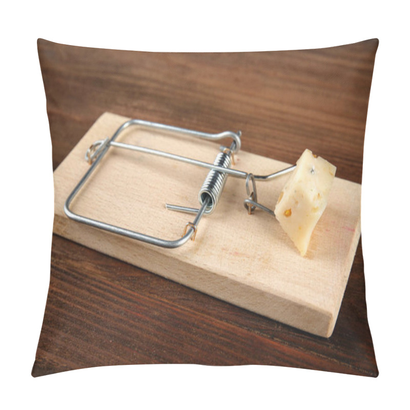 Personality  Mousetrap With Cheese On Wooden Table Pillow Covers