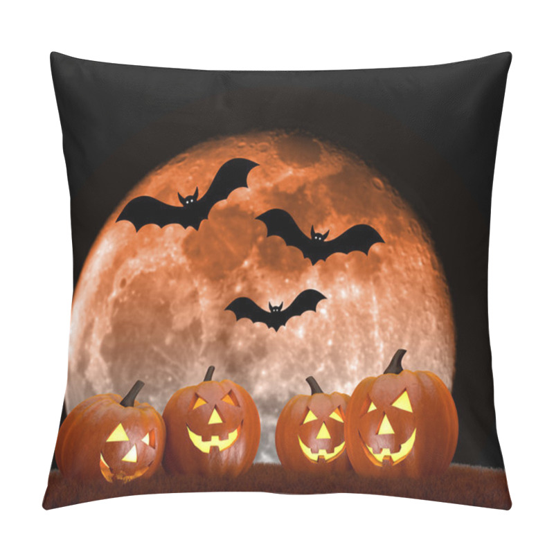 Personality  Halloween Background Scene With Full Moon, Pumpkins And Bats Pillow Covers