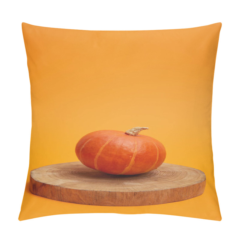 Personality  Whole Ripe Pumpkin On Round Wooden Board On Orange Background Pillow Covers