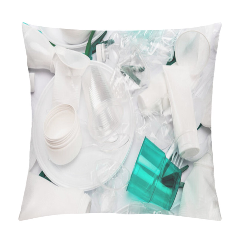 Personality  Top View Of Plastic Garbage Scattered On White Background Pillow Covers