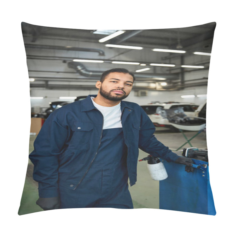 Personality  Handsome Mechanic By A Tool Cart In A Busy Auto Shop Displays Skill And Dedication. Pillow Covers