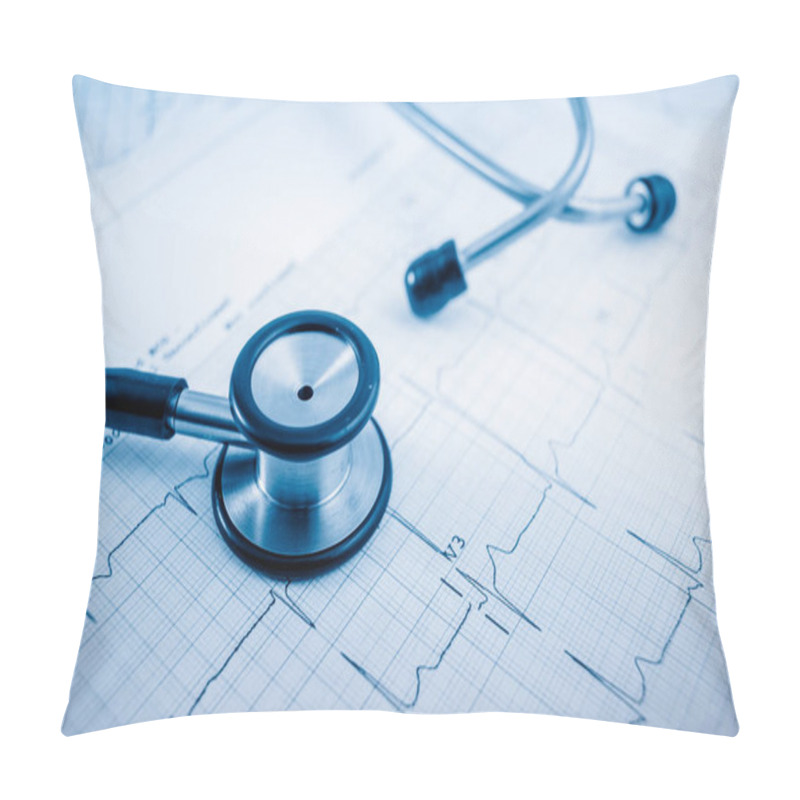 Personality  Stethoscope On Cardiogram Concept For Heart Care On The Desk.blue Toned Images. Pillow Covers