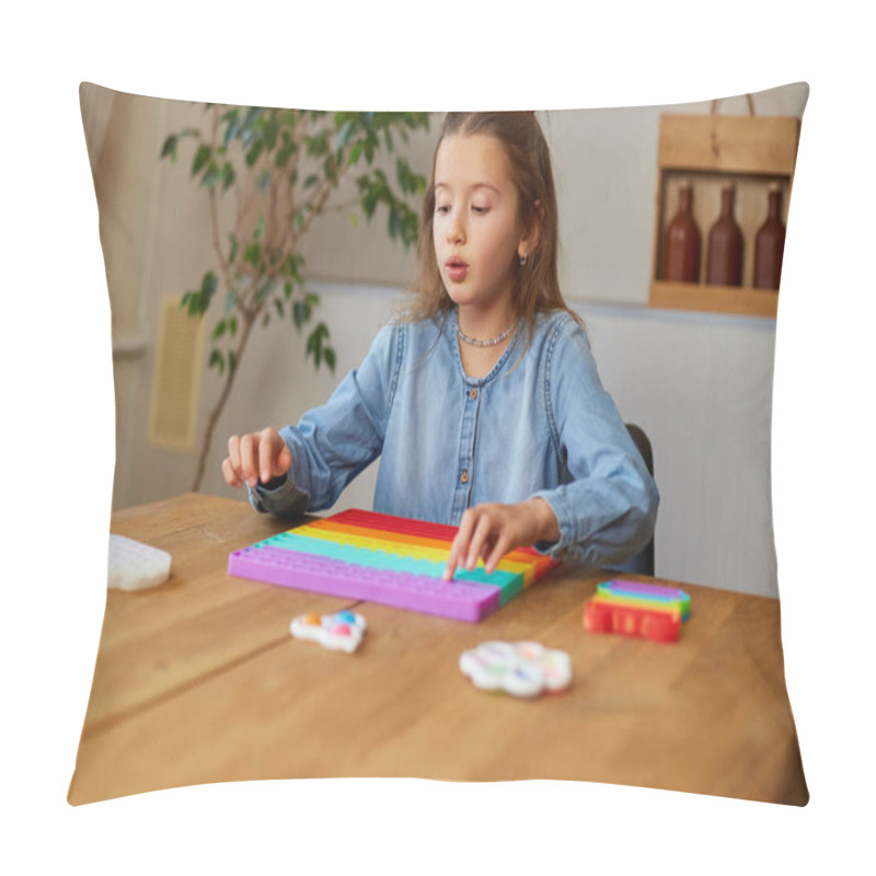 Personality  Little Girl Playing With Big Silicone Popit, Simple Dimple, Bubble Fidget Toy, Antistress Sensory Toy At Home. The Concept Of Mental Health Popit Toy Pillow Covers